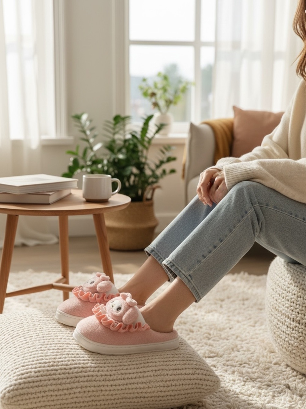 Pink Plush Ruffle Animal Slip-On Slippers